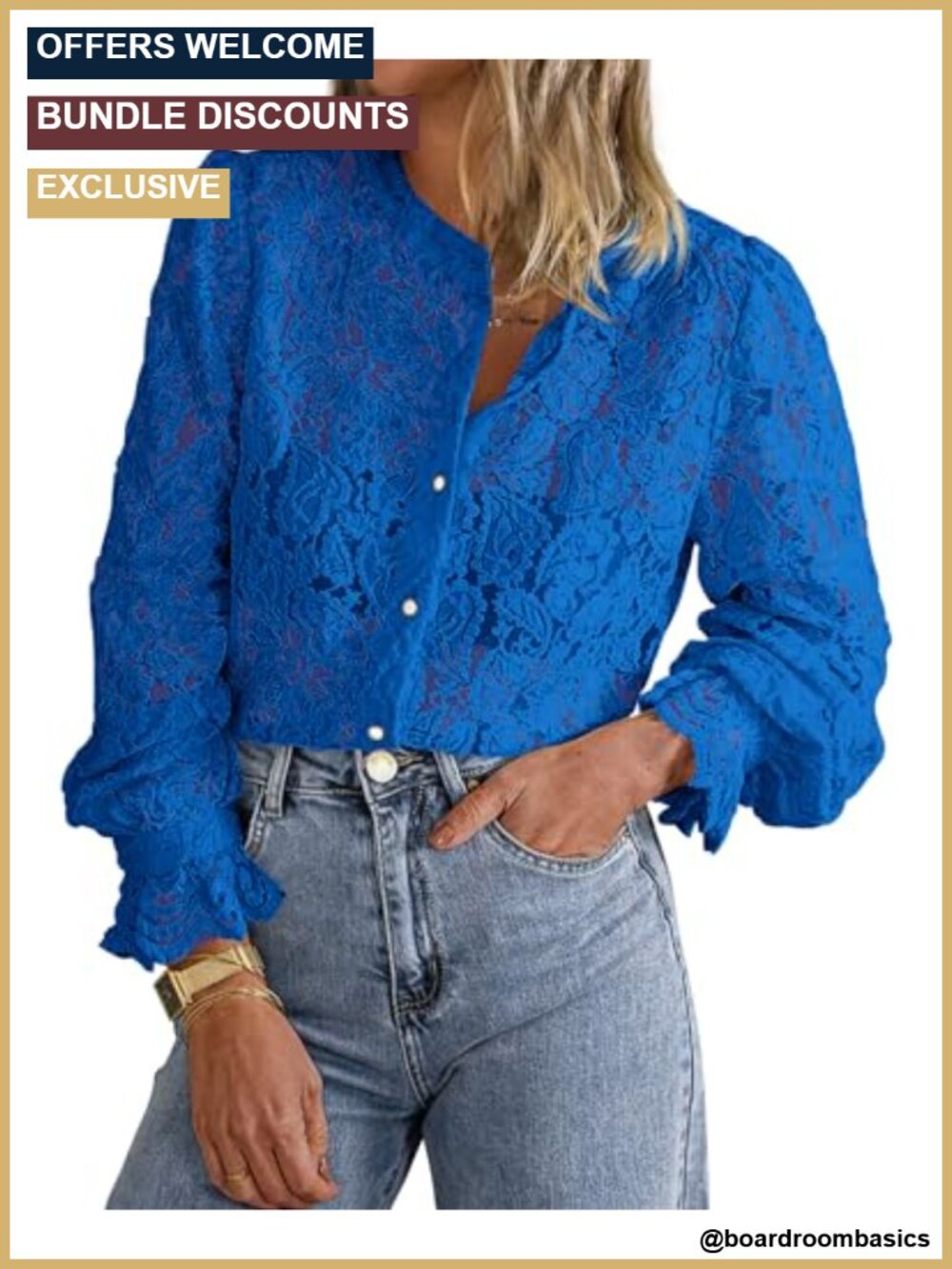 Women's Long Sleeve Lace Button Down Blouse Crewneck Sheer Top